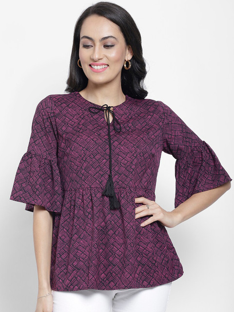 

NIXX Purple & Black Geometric Printed Tie-Up Neck Crepe A-Line Top