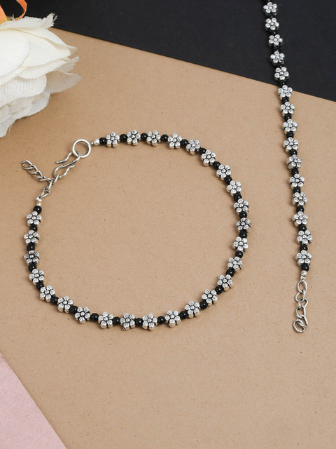 

Silvermerc Designs Set Of 2 Black Oxidised Silver-Plated Beaded Floral Anklets