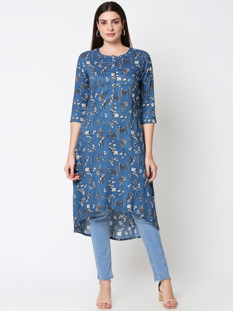 

Bewakoof Women Blue & White Floral Printed High-Low A-Line Kurta