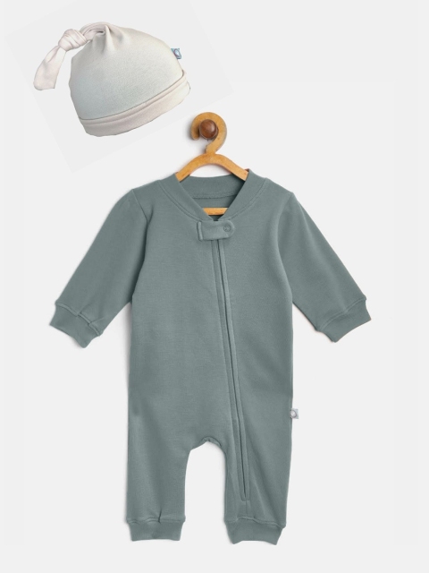 

cherrytoes Infant Green Solid Cotton Romper With Beanie