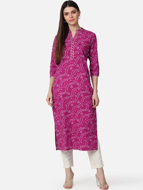 

AHIKA Women Pink & Blue Bandhani Printed Gotta Patti Cotton Straight Kurta