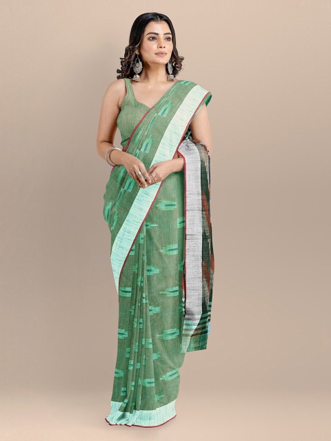 

BharatSthali Green Pure Cotton Woven Design Ikat Handloom Saree