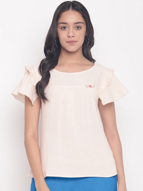 

Miss Grace Cream-Coloured & Off White Striped Flutter Sleeves Pure Cotton A-Line Top