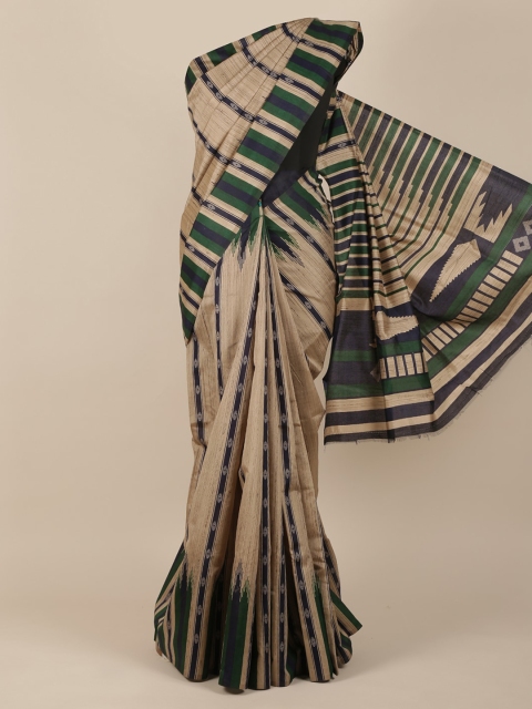 

Pothys Beige & Green Jute Silk Striped Saree