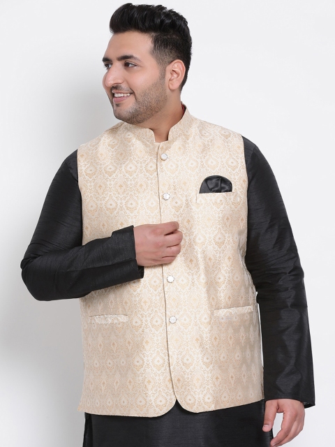 

Hangup Men Cream-Coloured Woven Design Nehru Jacket
