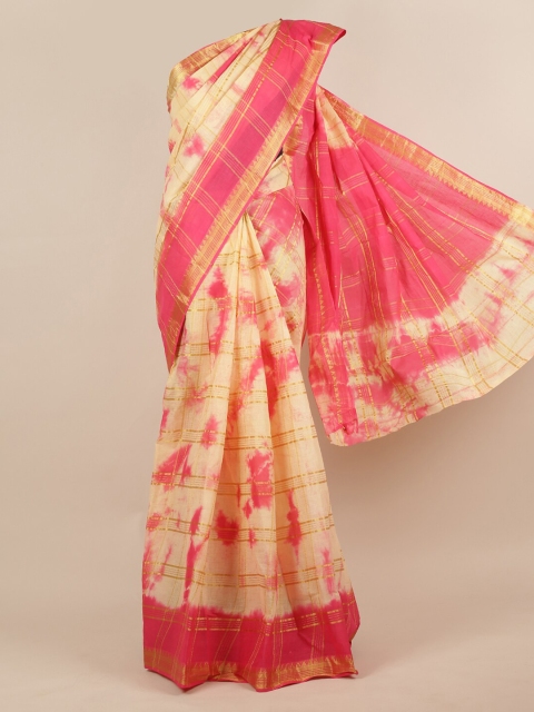 

Pothys Cream-Coloured & Pink Pure Cotton Checked Saree