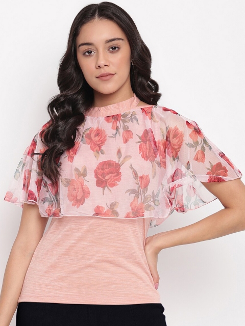 

Miss Grace Pink & Coral Floral Printed Layered Pure Cotton Regular Top