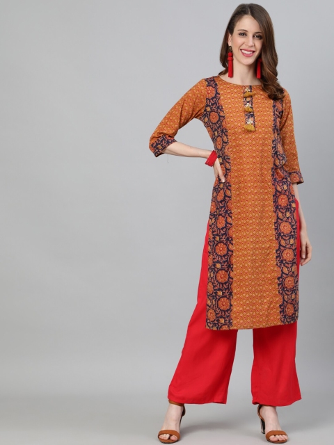 

Jaipur Kurti Women Mustard Yellow & Red Printed Kurta with Palazzos