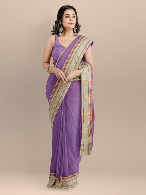 

BharatSthali Purple Silk Cotton Solid Maheshwari Saree