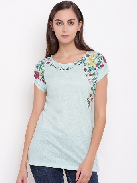 

Miss Grace Sea Green & Red Floral Printed Pure Cotton Regular Top