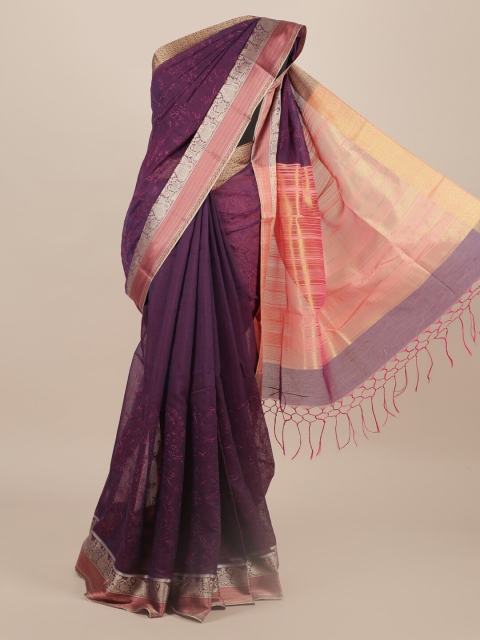 

Pothys Violet & Pink Jute Silk Floral Embroidered Saree