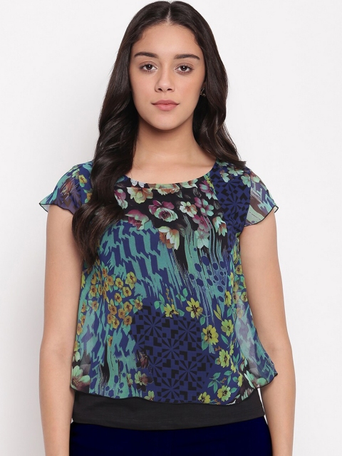 

Miss Grace Navy Blue & Black Floral Printed Layered Pure Cotton Style Back Top