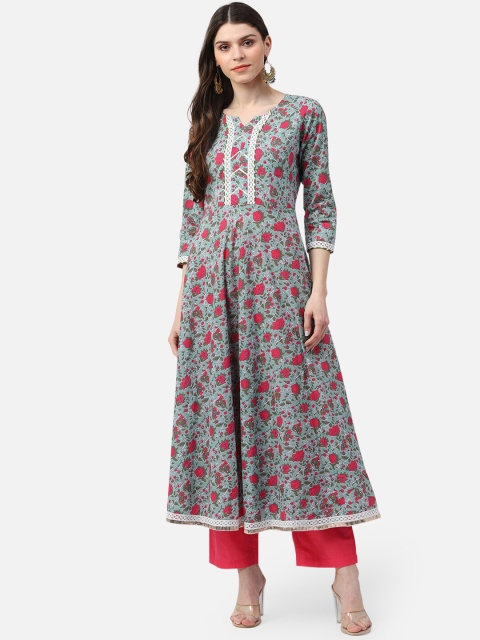 

AHIKA Women Blue & Pink Ethnic Motifs Printed Cotton A-Line Kurta