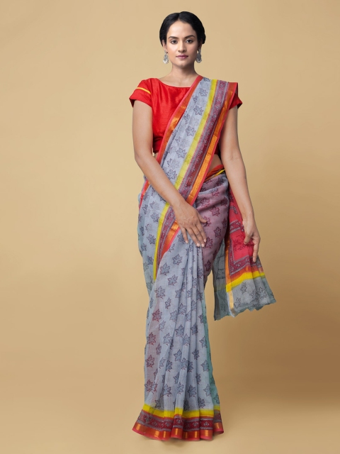 Unnati Silks Grey & Red Pure Cotton Printed Handloom Kota Saree