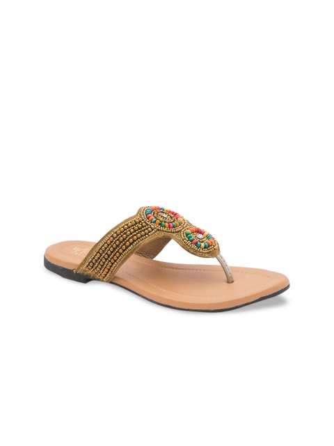 WALK N STYLE COLLECTION Women Beige Embellished T-Strap Flats