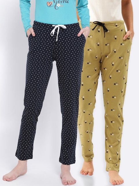 

Kanvin Women Pack of 2 Printed Pure Cotton Lounge Pants, Mustard