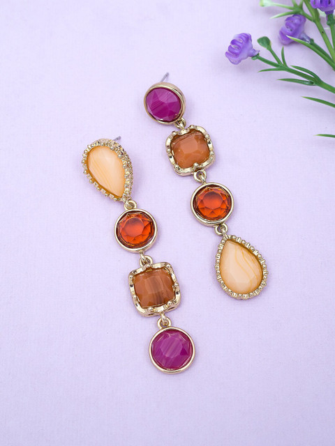 

Golden Peacock Purple & Brown Stone-Studded Geometric Drop Earrings