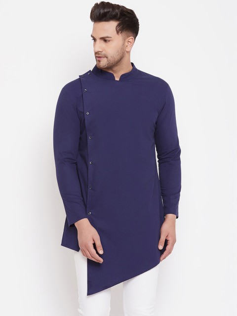 

Hypernation Men Navy Blue Pure Cotton Solid Angrakha Kurta