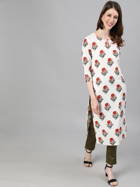 

Jaipur Kurti Women White & Orange Floral Printed Sequins Straight Kurta