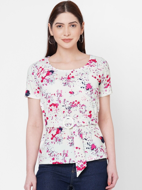 

109F Off-White & Pink Polka Printed Regular Top