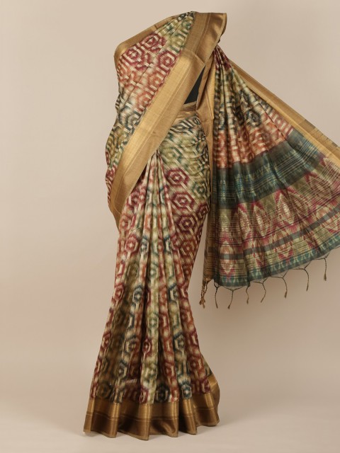 

Pothys Cream-Coloured & Red Jute Silk Printed Saree