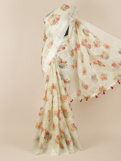 

Pothys Cream-Coloured & Green Organza Printed Saree