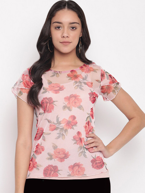 

Miss Grace Pink Floral Printed Pure Cotton Regular Top