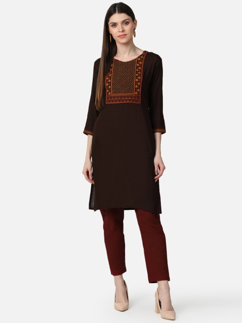 

AHIKA Women Coffee Brown & Orange Yoke Design Cotton Thread Work Straight Kurta