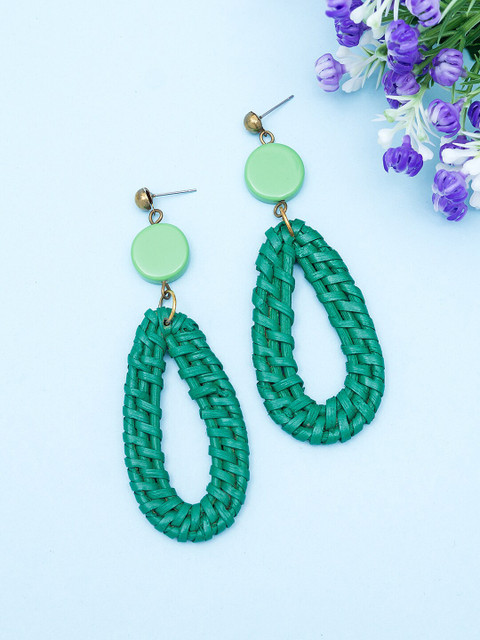

Golden Peacock Green Basket Weave Textured Teardrop Shaped Drop Earrings