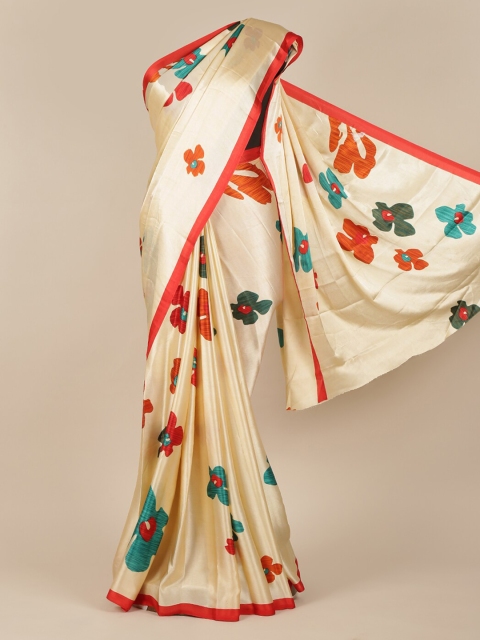 

Pothys Cream-Coloured & Red Satin Floral Printed Saree
