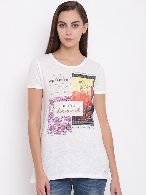 

Miss Grace Off White & Yellow Graphic Printed Pure Cotton Regular Top