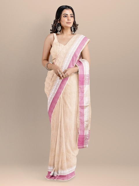 BharatSthali Peach-Coloured Silk Cotton Solid Handloom Maheshwari Saree