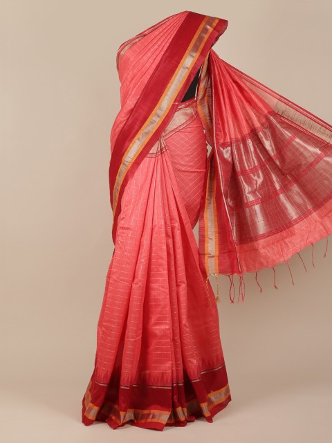 

Pothys Pink & Red Jute Silk Checked Saree