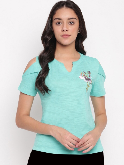 

Miss Grace Green Cold-Shoulder Sleeves Pure Cotton Regular Top With Grindle Effect
