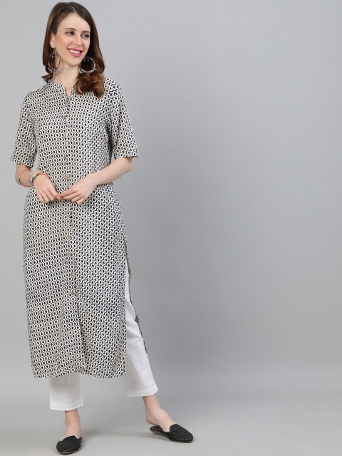 

Jaipur Kurti Women White & Black Printed Kurta with Trousers