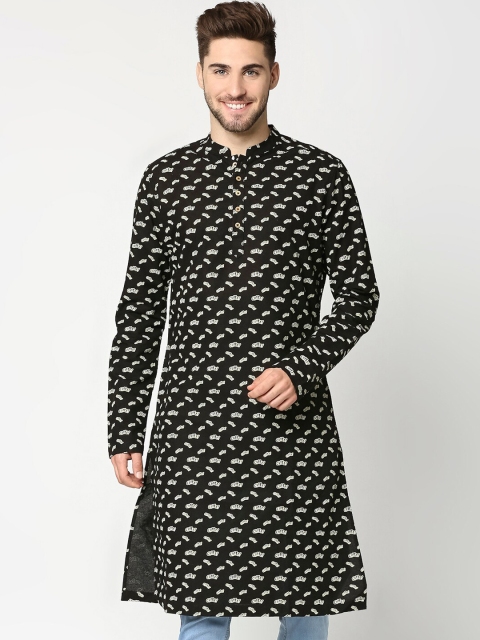 

Bewakoof Men Black & Yellow Pure Cotton Typography Printed Kurta