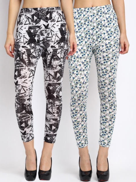 

NEUDIS Women Pack of 2 Printed Skinny Fit Cropped Leggings, White