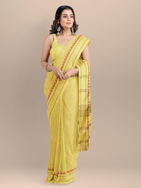 

BharatSthali Yellow Silk Cotton Solid Maheshwari Saree