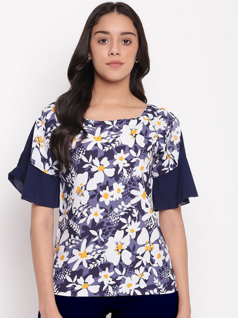 

Miss Grace Navy Blue & White Floral Printed Flared Sleeves Pure Cotton Regular Top