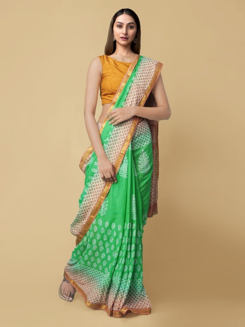 

Unnati Silks Green Pure Cotton Printed Block Print Saree