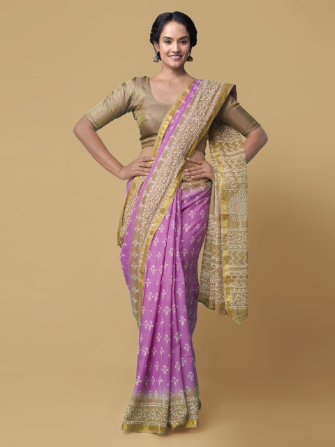 

Unnati Silks Pink Pure Cotton Hand Block Printed Saree