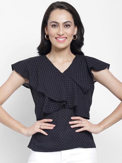 

NIXX Women Black & White Polka Dots Printed Crepe Regular Top