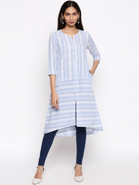 

People Women Blue & White Pure Cotton Striped A-Line Kurta