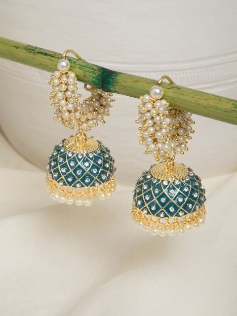

INDYA Green & White Gold-Plated Dome Shaped Jhumkas