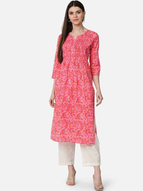 

AHIKA Women Pink & White Printed Cotton Pleated Straight Kurta