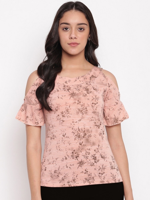 

Miss Grace Pink Floral Printed Cold-Shoulder Sleeves Pure Cotton Regular Top