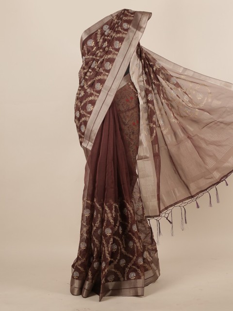 

Pothys Brown & Gold-Toned Organza Embroidered Saree