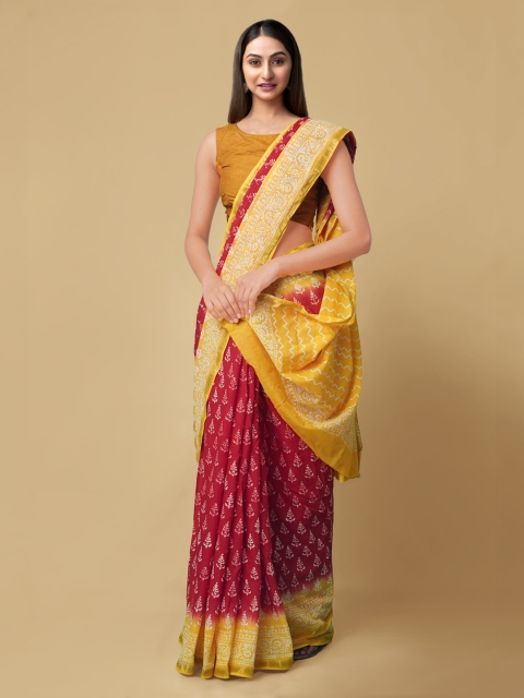 

Unnati Silks Red & Yellow Pure Cotton Printed Handloom Block Print Saree