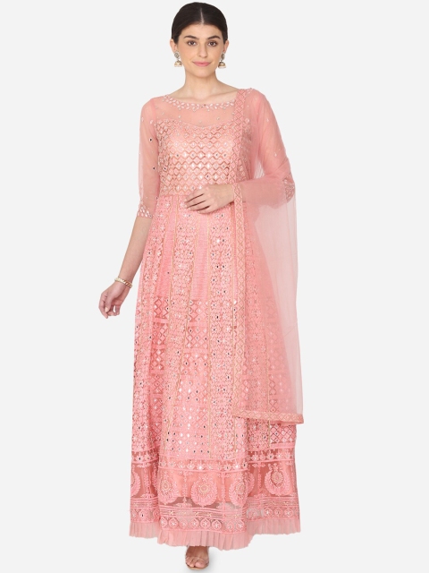 

BOMBAY SELECTIONS Women Peach-Coloured Embroidered Kurta with Churidar & Dupatta