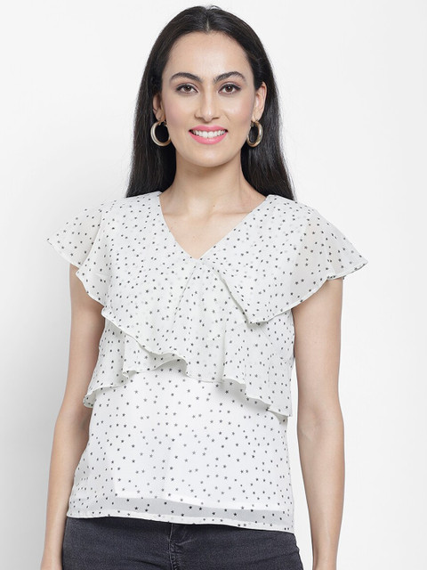 

NIXX White & Black Conversational Printed Crepe Regular Top